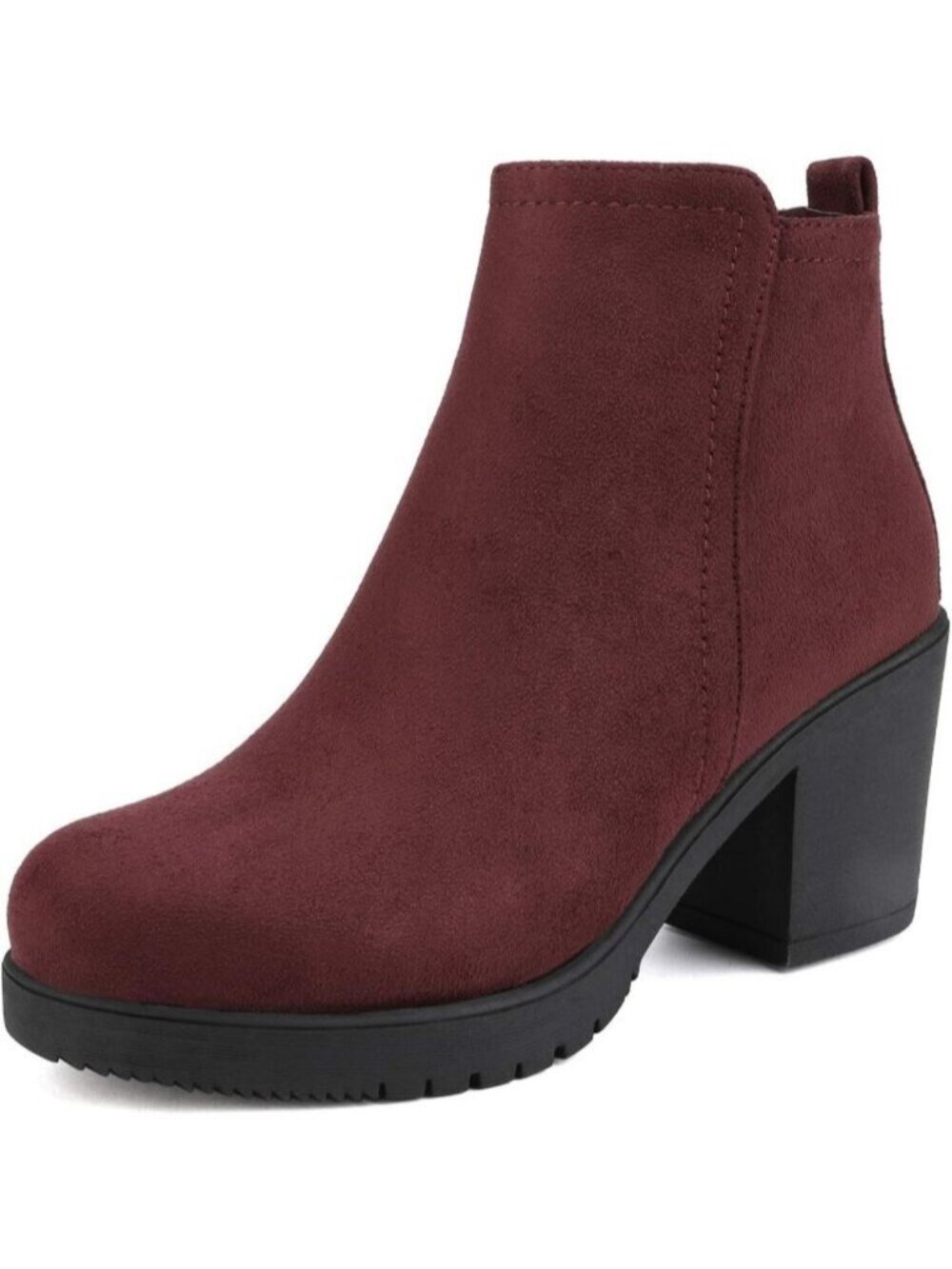 DREAM PAIRS Women's Burgundy Block Heel Chelsea Ankle Boots Round Toe Pull-On